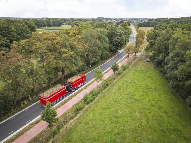 Rustige weg door natuur met paard en pluimvee in de omgeving.